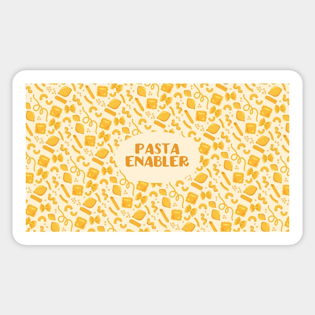 "Pasta Enabler" slogan + pattern of assorted pasta shapes on pale yellow Sticker by AtlasMirabilis